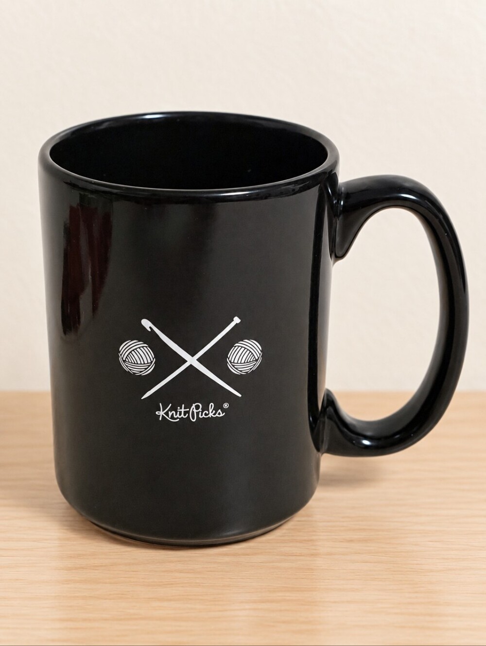 Knit Picks Just One More Row Knitting Coffee Mug Black Yarn Knitter Gift Ceramic